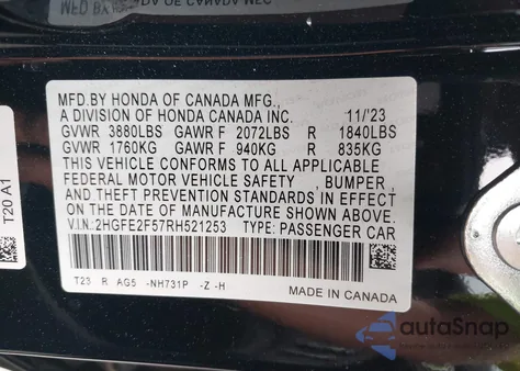 2024 Honda Civic Sport z USA, uszkodzony, nr VIN 2HGFE2F57RH521253